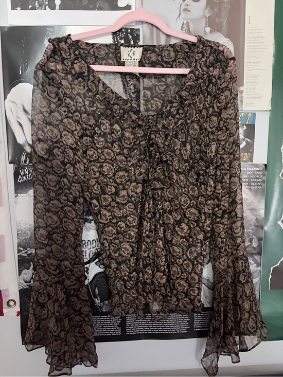 Ice Tops - ICE Brown Floral Sheer Bell-Sleeve Blouse